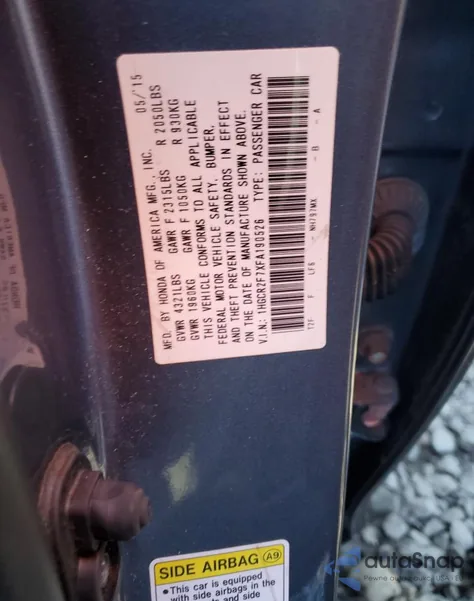 2015 Honda Accord Ex z USA, uszkodzony, nr VIN 1HGCR2F7XFA190526